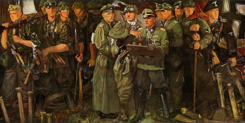 Здесь вам и Шютце, и пулеметчики, и танкисты и командиры! Все вооружены до зубов. Командир вглядывается куда-то вдаль. Все напряжены и готовы прыгнуть в атаку.