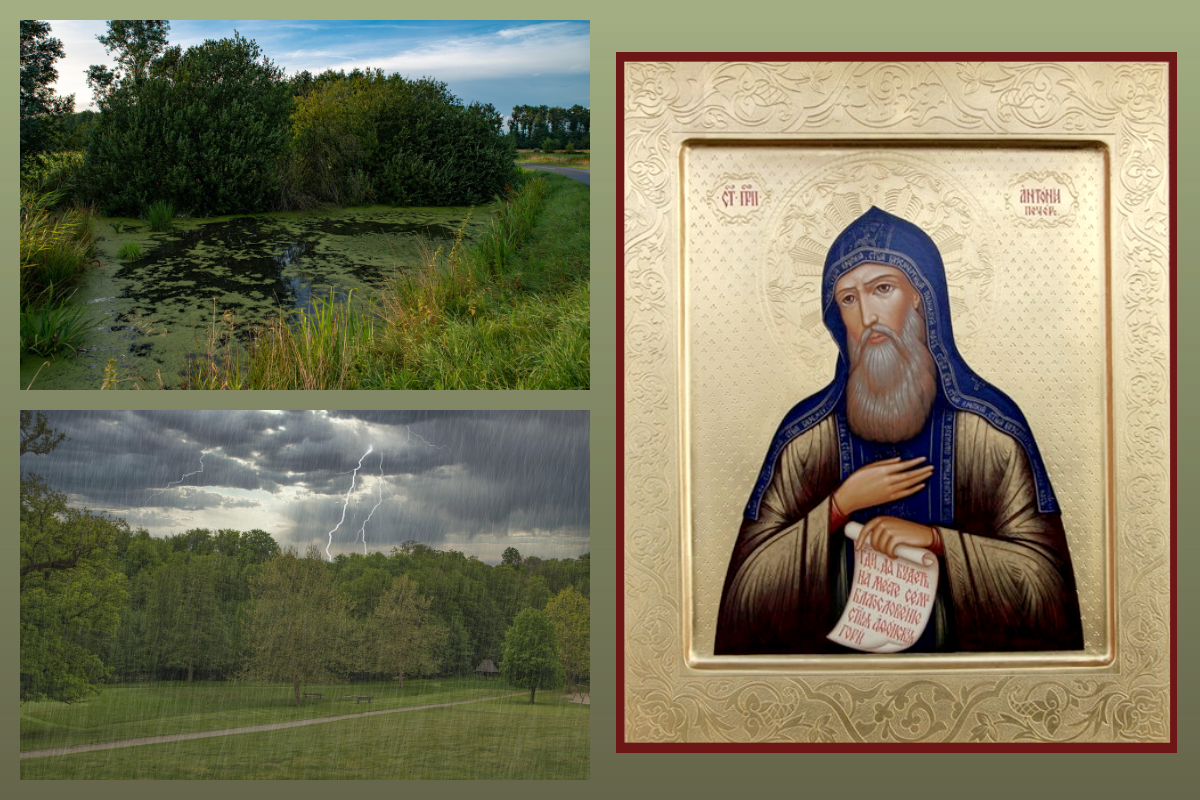 Икона Прп. Антония Печерского/azbuka.ru, Гроза,ряска на озере/pixabay.com