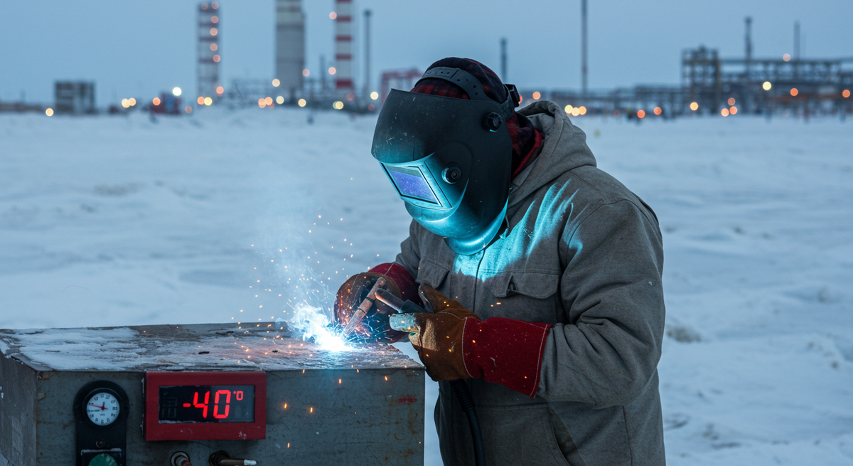 Сварщик в экстремальных условиях - аргонный сварщик в полной защитной экипировке ведет работы на морозе, яркие искры контрастируют с белоснежным фоном Ямала