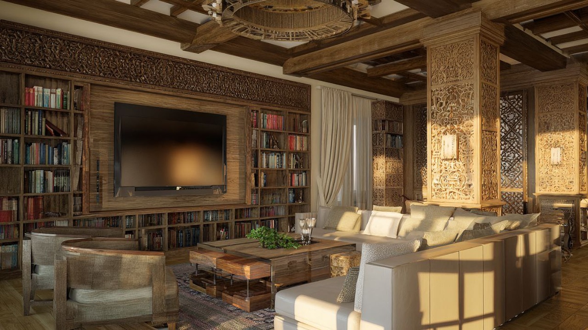 Дерево в гостиной: как панели, балки и резные детали создают уют и стиль