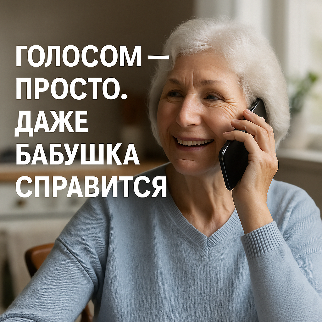 Сценарий изображения: женщина старшего возраста с телефоном у уха, улыбается, в окружении домашних вещей (на кухне или в кресле).