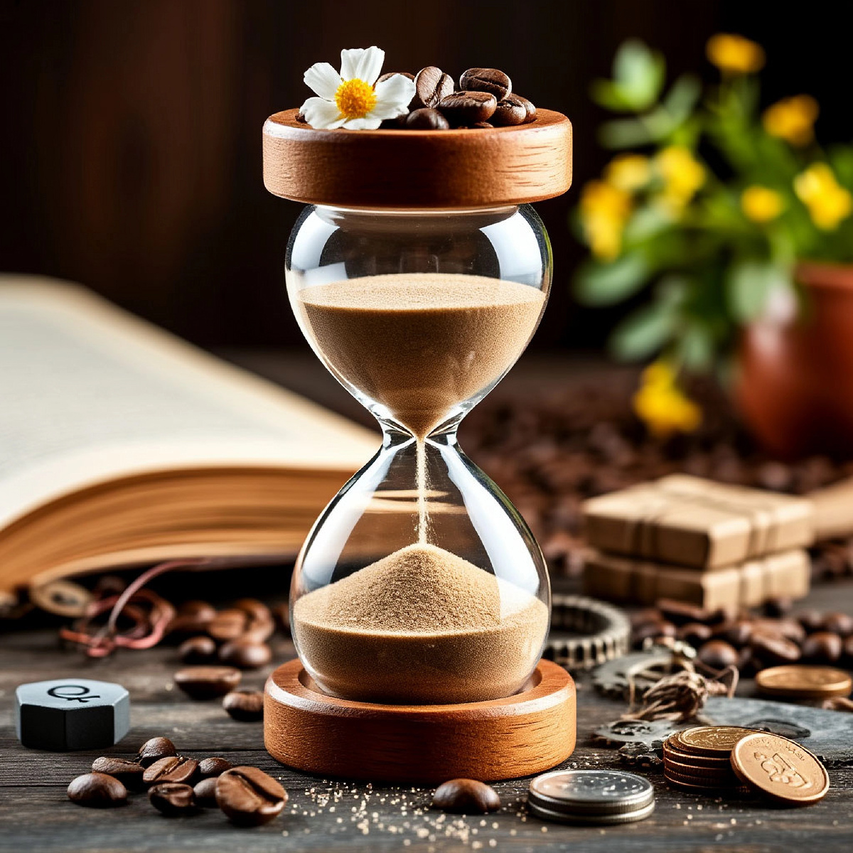  Крупный план стильных, реалистичных песочных часов (дерево/стекло)
