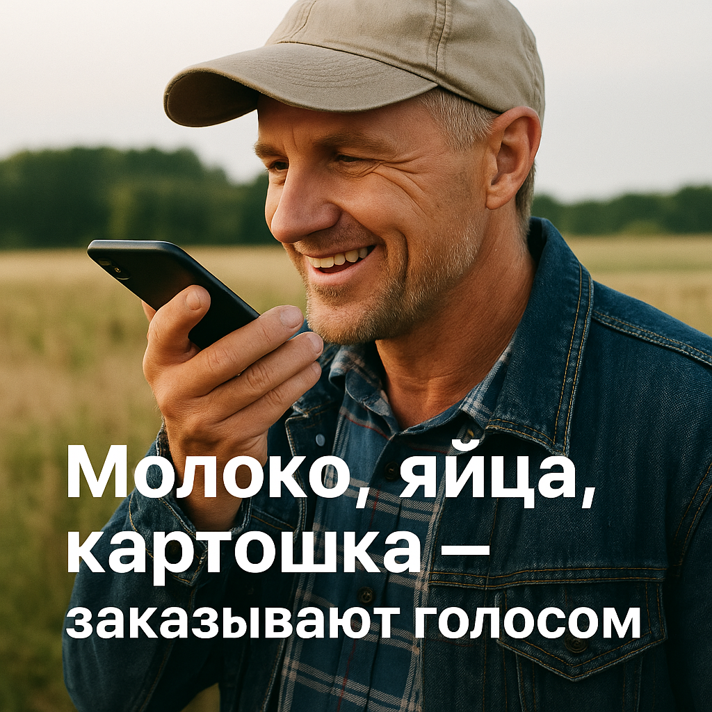 фермер (мужчина или женщина) с телефоном в руке, на фоне природы, улыбается. Спокойная атмосфера, ощущение простоты и надёжности.