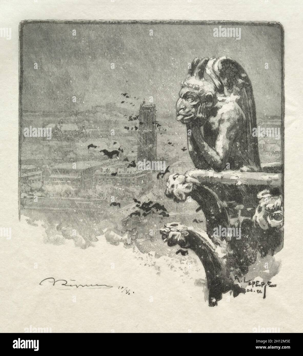 Гравюра Августа Луи Лепера "Le Stryge" (1890), где горгулья задумчиво возвышается над серым туманным Парижем