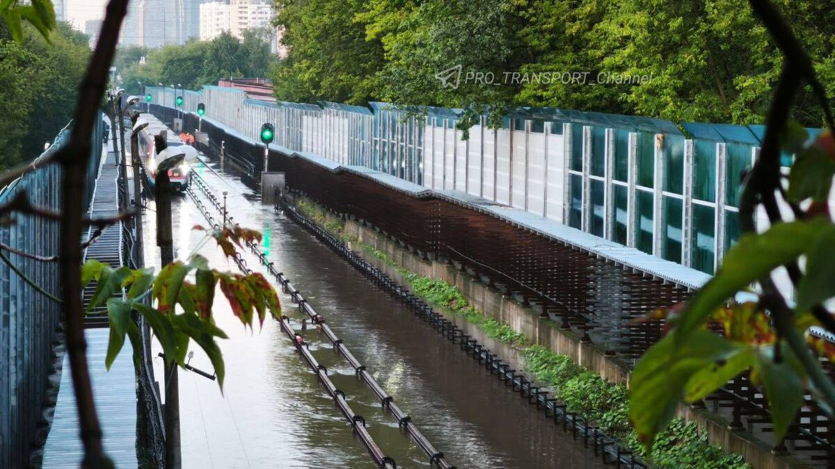 Подтопленный, он же самый низкий участок на всем наземном участке, перегон «Филевский парк» - «Пионерская». Фото: @PRO_TRANSPORT_Channel (Telegram)