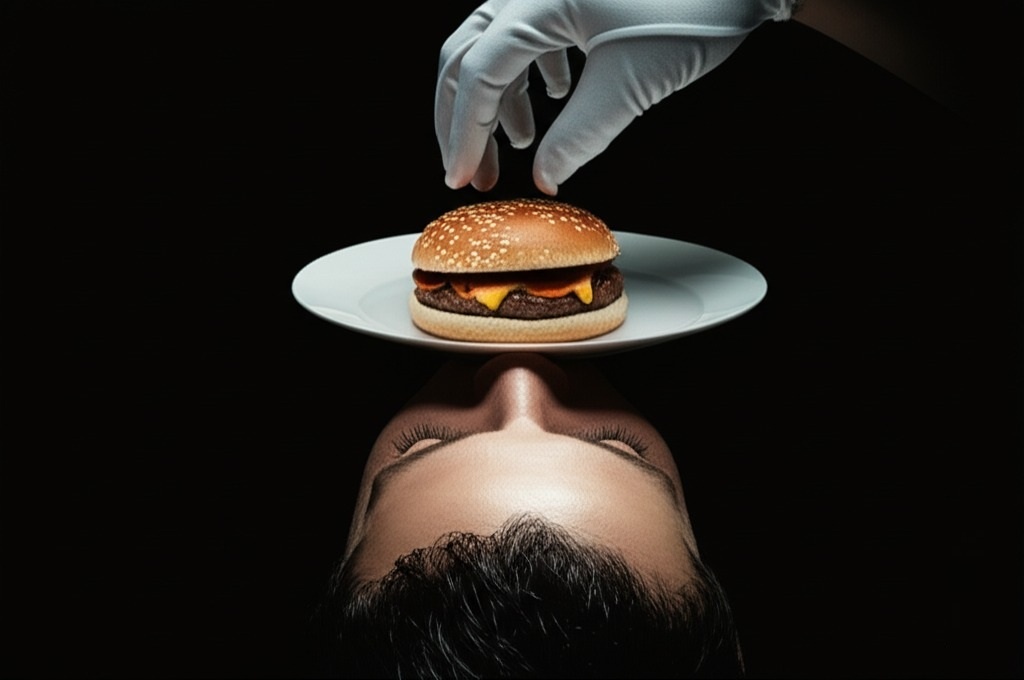 Вот так выглядит твоя ежедневная доза. Меню «Душевный Комфорт»: бургер из пустых обещаний, картошка фри из банальных цитат и диетическая кола без капли смысла. Подаётся прямо в мозг. Дешёвый. Быстрый. И абсолютно бесполезный.