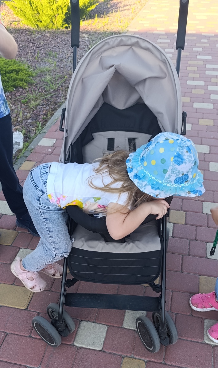 Яся, залезла на коляску и требовала, чтобы её везли