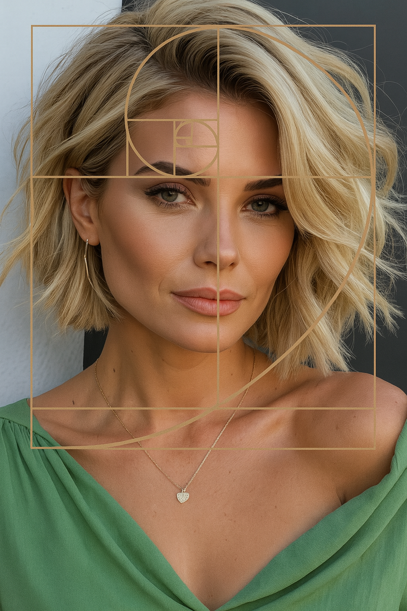  Пример гармоничного построения пропорций.
Стрижка подчёркивает глаза и скулы, спираль мягко повторяет линию лица. Внутри — баланс и уверенность. Изображение использовано в образовательных целях. Обработка — авторская.
