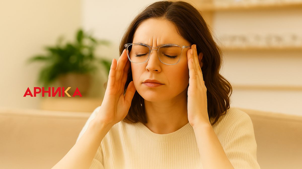 Женщина в очках сидит в оптике с напряжённым выражением лица, держится за виски, ощущая головную боль