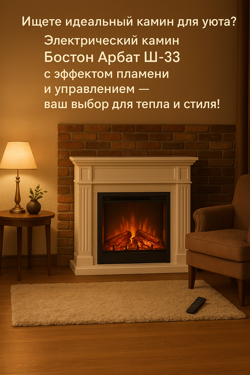    Погрузитесь в атмосферу тепла: электрический камин Бостон Арбат Ш-33 с реалистичным пламенем и дистанционным управлением, который изменит ваш уют навсегда! Kamin