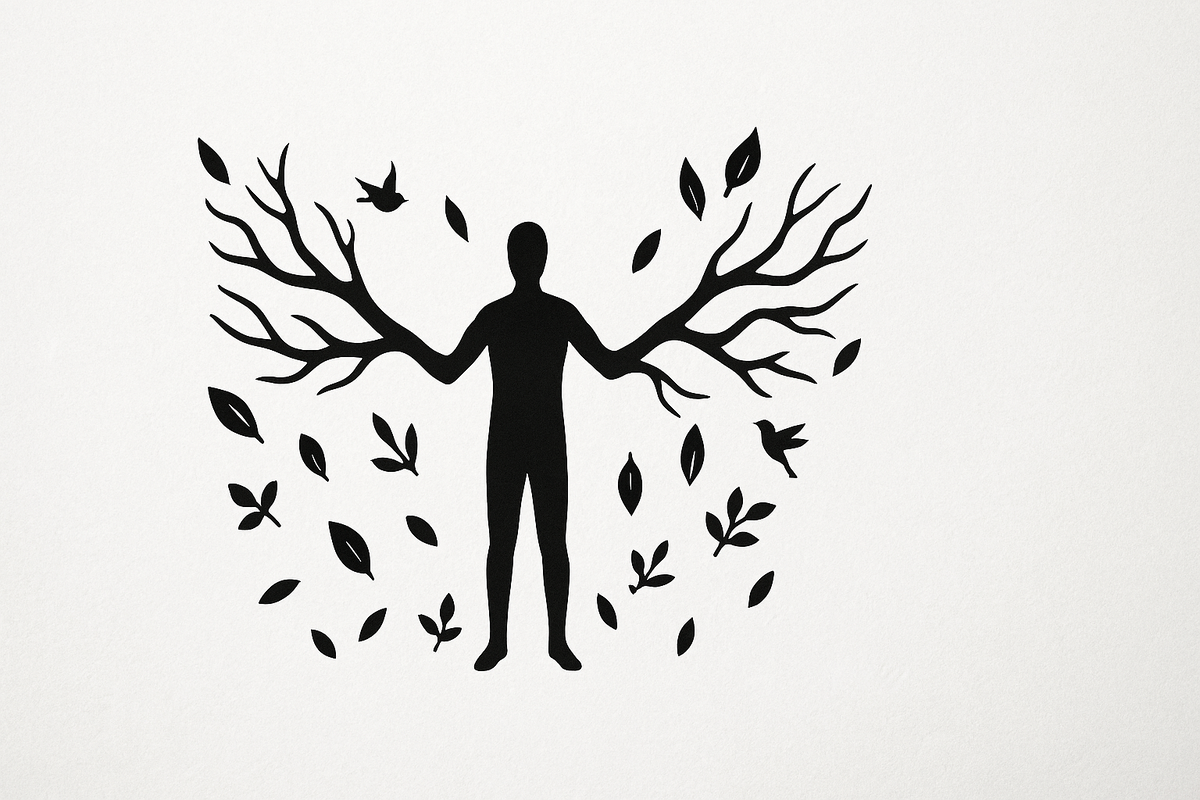 Символическое изображение необычной мутации — человек с руками-ветвями, соединённый с природой и её тайнами