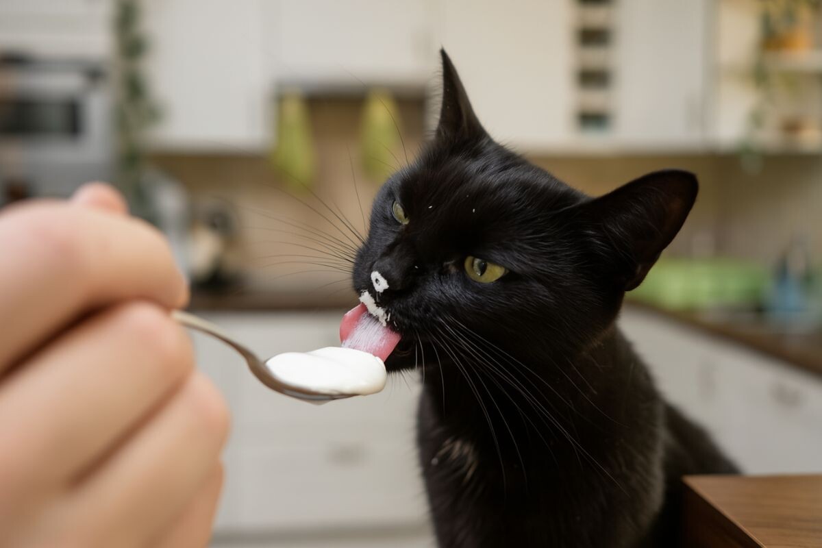 Чёрный кот лижет ложку с йогуртом 
