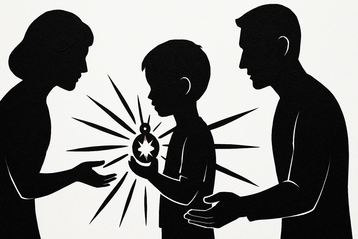 Символическая сцена передачи силы от родителей к ребёнку — визуальный образ наследуемых суперспособностей