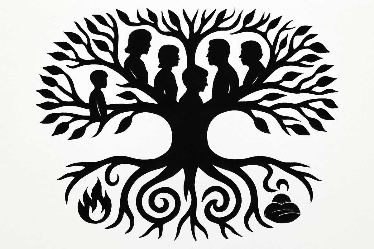 Символическое древо поколений с элементами стихий — визуальный образ наследуемых суперспособностей и родовой энергии