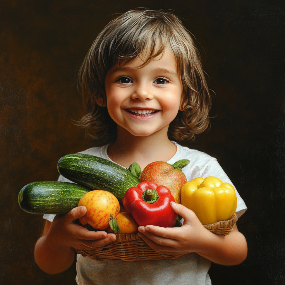 Иллюстрация ребенок с овощами