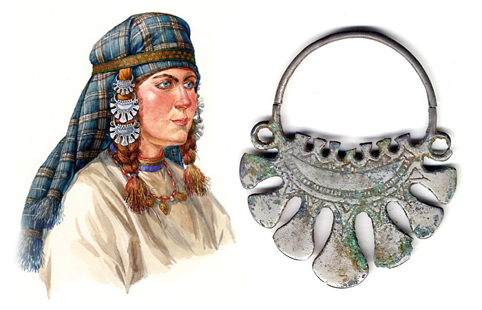 Женщина вятичей в ленточном уборе с височными кольцами. По материалам курганов вятичей из Подмосковтя, конец XI века - XII век.

Источник: https://kulturologia.ru/blogs/040713/18513/