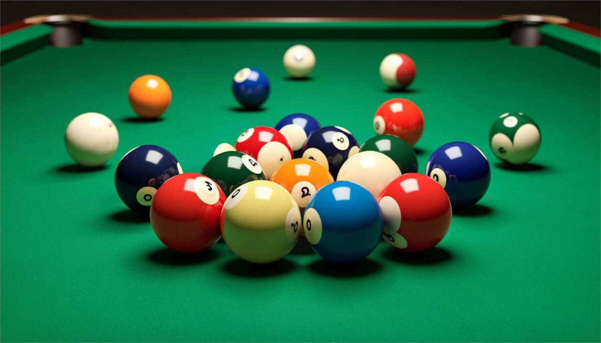 Бильярдные шары на столе (создано с помощью нейросети Кандинский).