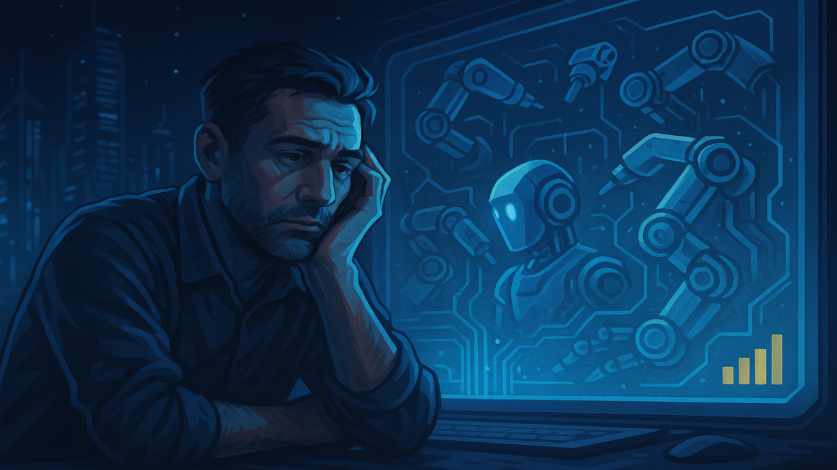 Усталый мужчина смотрит на голограмму с роботами: когда всё делают машины — что остаётся человеку?