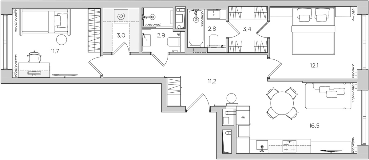 Перепланировка двухкомнатной квартиры с мастер-спальней и прачечной, Alexander Tischler