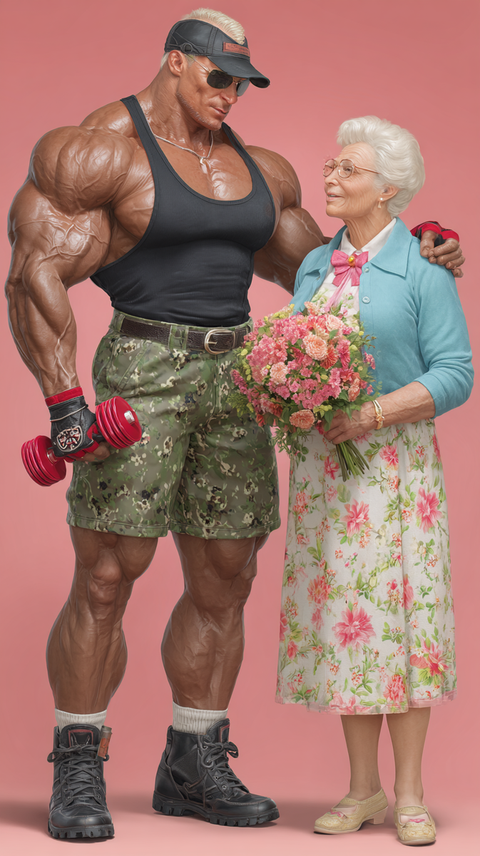 Бодибилдер и бабушка "божий одуванчик" - кто из них более здоровый? Моя иллюстрация с помощью нейросетей
