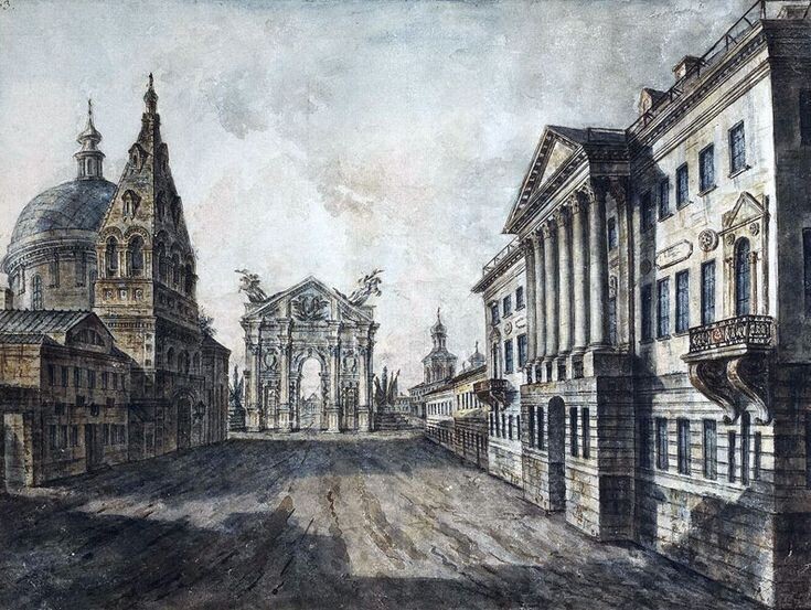 Страстная площадь, 1800 г. Художник Ф. Я. Алексеев (1754-1824). Справа - дом Козицкой, в котором располагался салон Зинаиды Волконской, слева — церковь Святого Великомученика Димитрия Солунского, прямо — триумфальная арка, построенная к коронации Павла I, за ней виднеются купола Страстного монастыря (сейчас на этом месте памятник Пушкину)