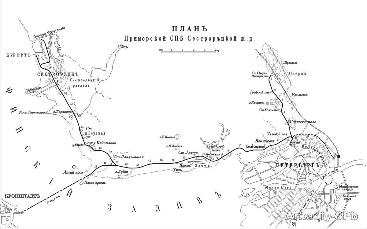Схема сестрорецкой приморской железной дороги в 1903 году. Источник фото: ru.wikipedia.org Авторство: фонды Российской Национальной библиотеки, Общественное достояние, https://commons.wikimedia.org/w/index.php?curid=16002689