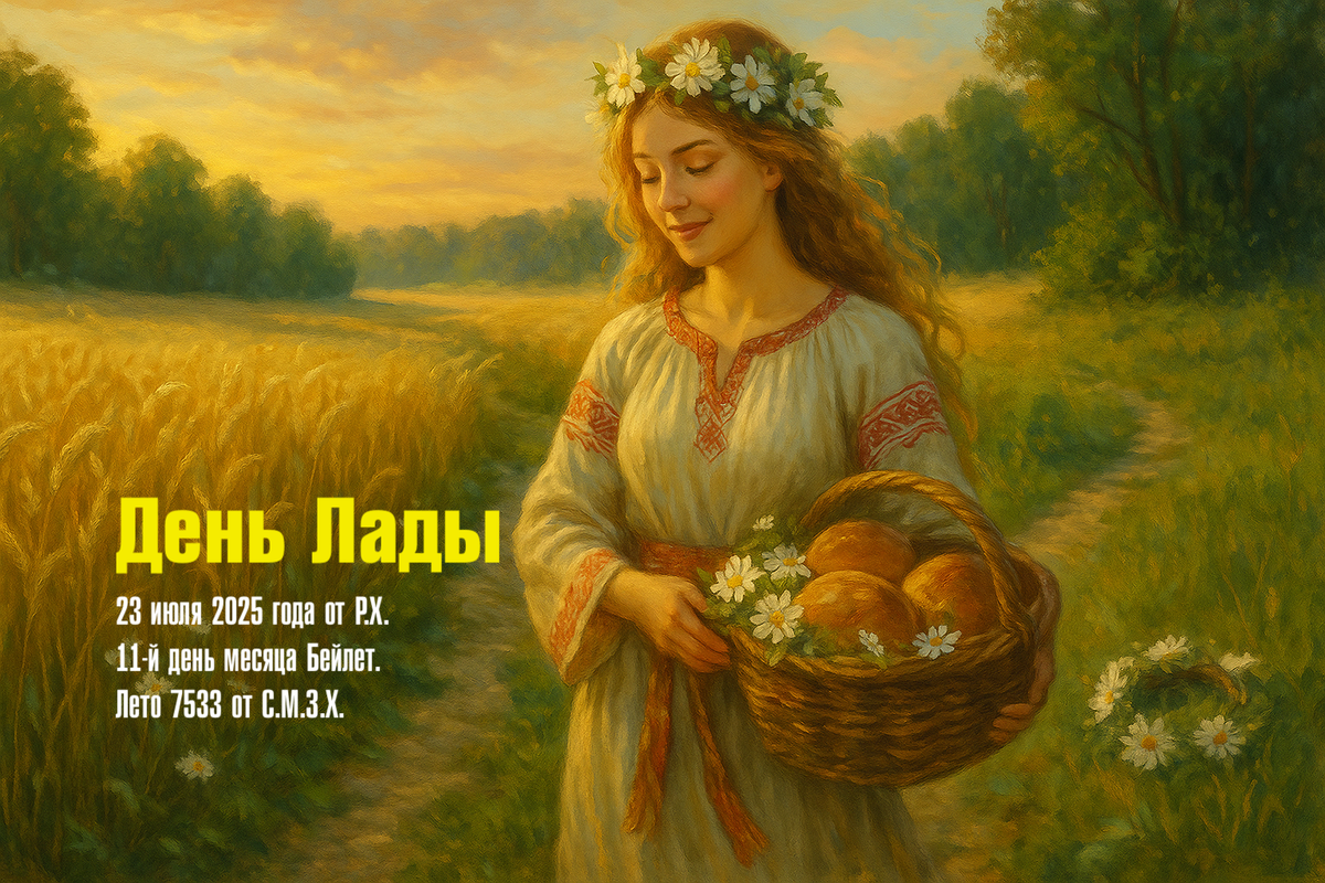 Лада идёт по чистой тропинке между рядами высоких колосьев. Она несёт корзину с хлебом и белыми цветами. В её глазах тёплый свет, а в голосе – тихая песня о мире и любви. Она останавливается и кладёт на траву венок, шепча: «Пусть лад будет в каждом сердце.»