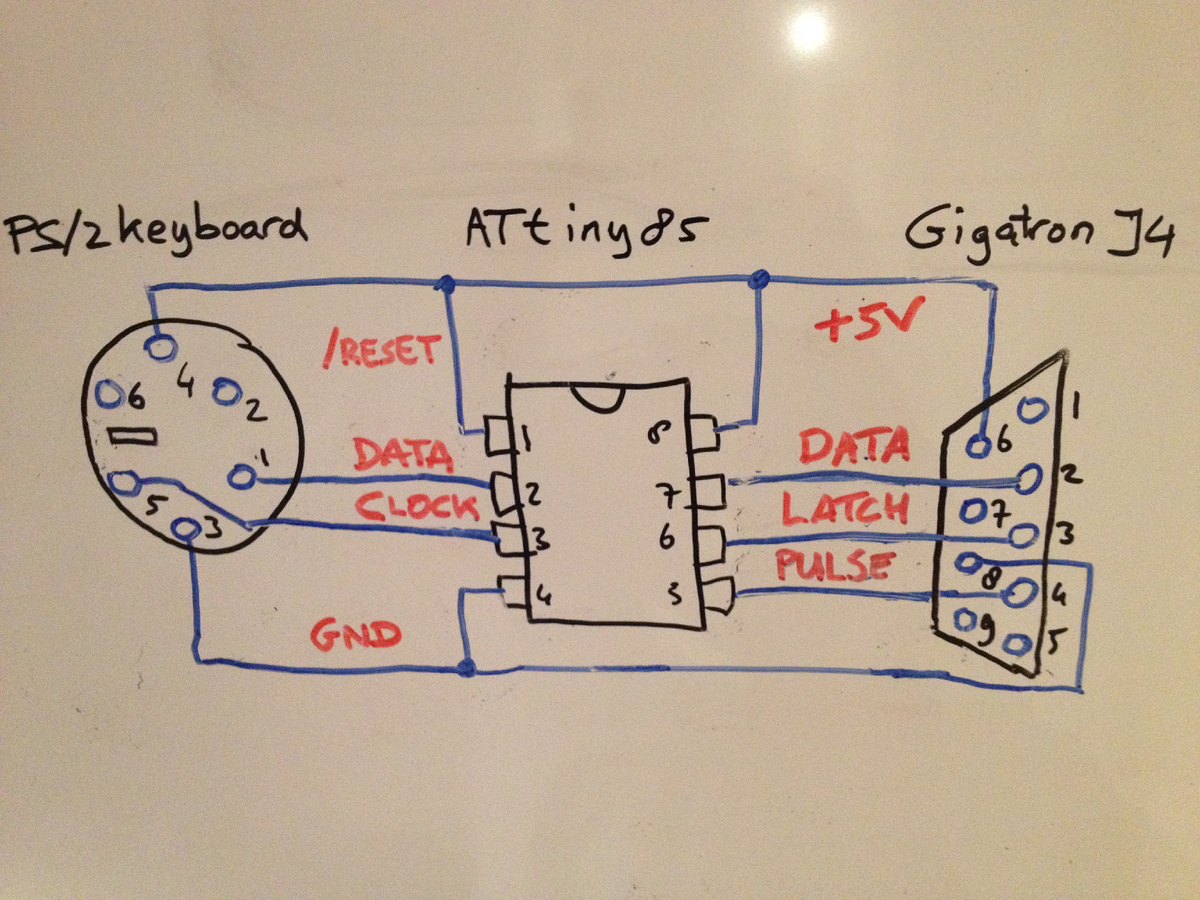 Схема подключения PS/2 клавиатуры через 9 PIN разъем джойстика к Gigatron TTL.