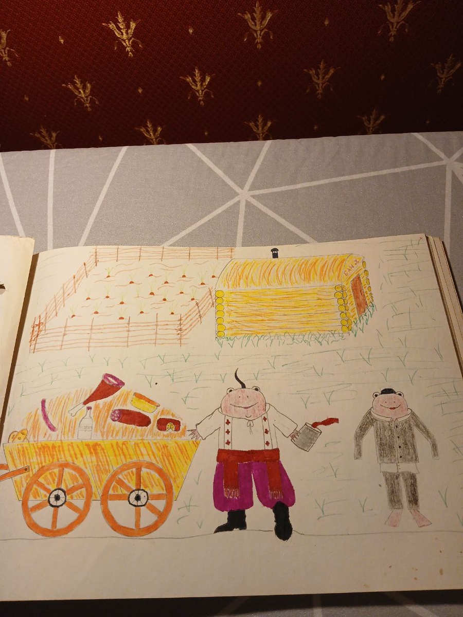 Это рисунок сына. По всей видимости, сюжет по Гоголю. Забавно.