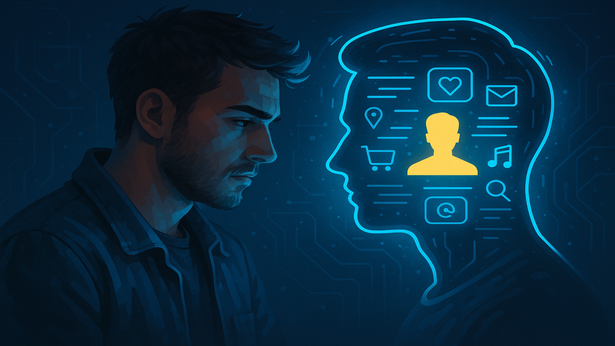 Человек изучает свой цифровой профиль, сформированный ИИ — даже без лайков ты уже в системе.