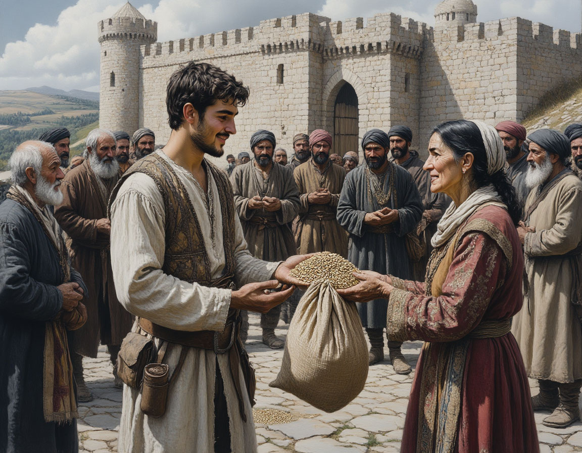 Осман лично раздает мешки с зерном простым крестьянам у стен захваченной им крепости