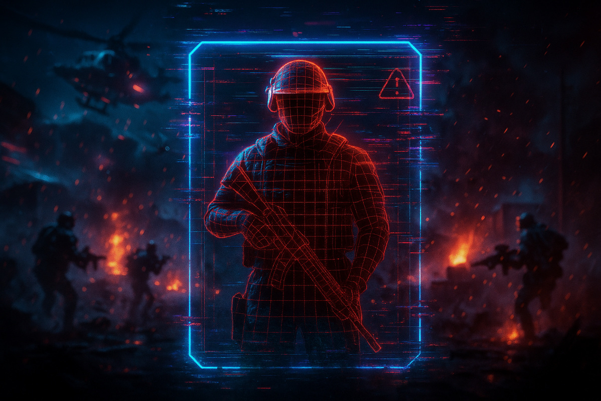 Солдат из Battlefield 2042 проходит сканирование системой античит: его силуэт на футуристическом интерфейсе покрыт красной сеткой, что символизирует работу EasyAntiCheat. Иллюстрация к теме «читы и античит в Battlefield 2042» и защита от нечестной игры.