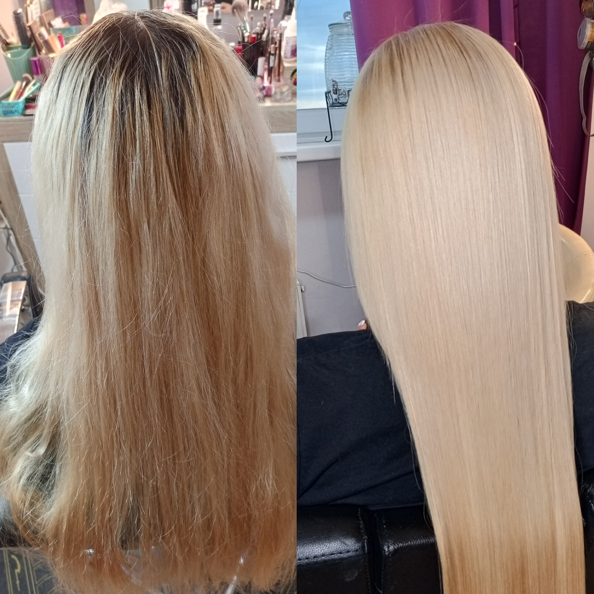 Коррекция корня, тонирования не было и кеработокс на блонд, клиент один процедуры две. Просто блонд почистился и осветлился за счет шампуня и кислот 