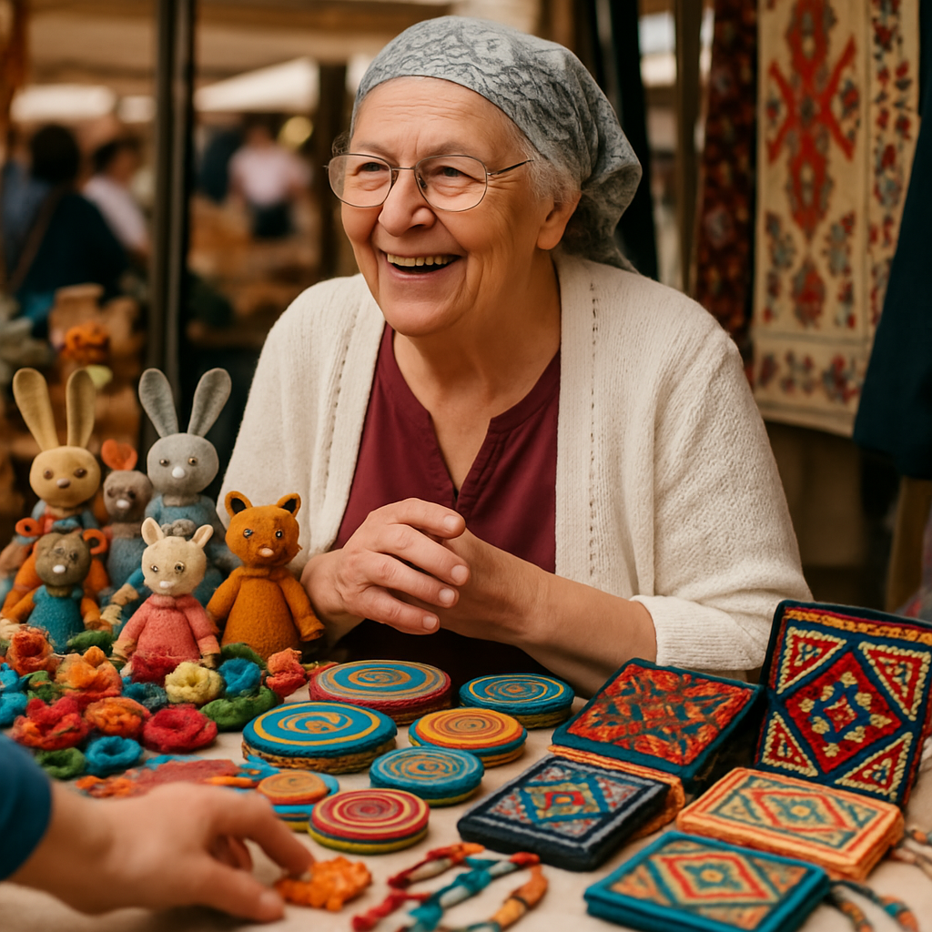 Пенсионерка успешно реализует свои изделия ручной работы на местном рынке.