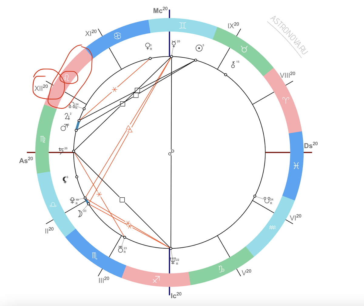 Нашли ♌︎ и римскую цифру 12, делаем вывод Лев в 11 доме и 12 доме. Читаем описание. 