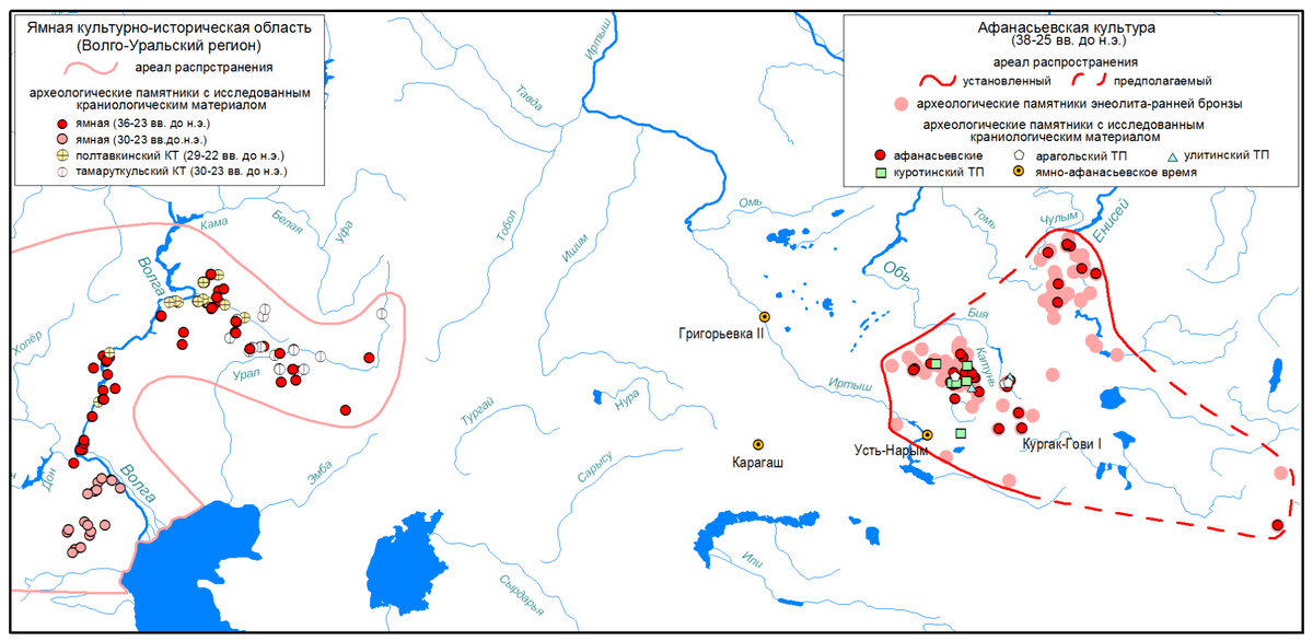 Распространение афанасьевской культуры (3600–2500 гг. до н.э.). (Источник: https://sapiensbio.ru/svedenija-bd/)