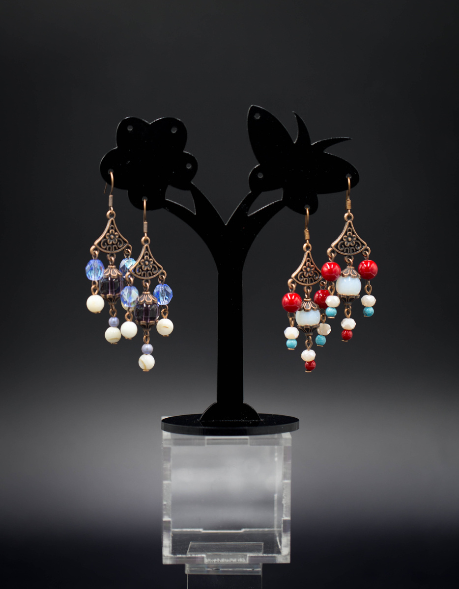 Серьги в стиле бохо под медь синие, красные 