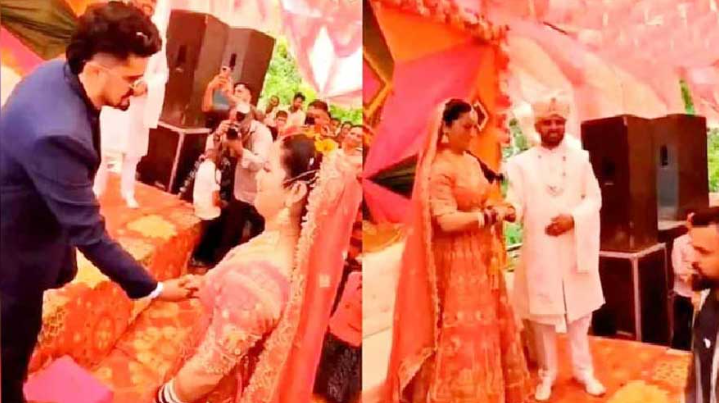 Кадры со свадьбы, как женихи по очереди подходят к невесте