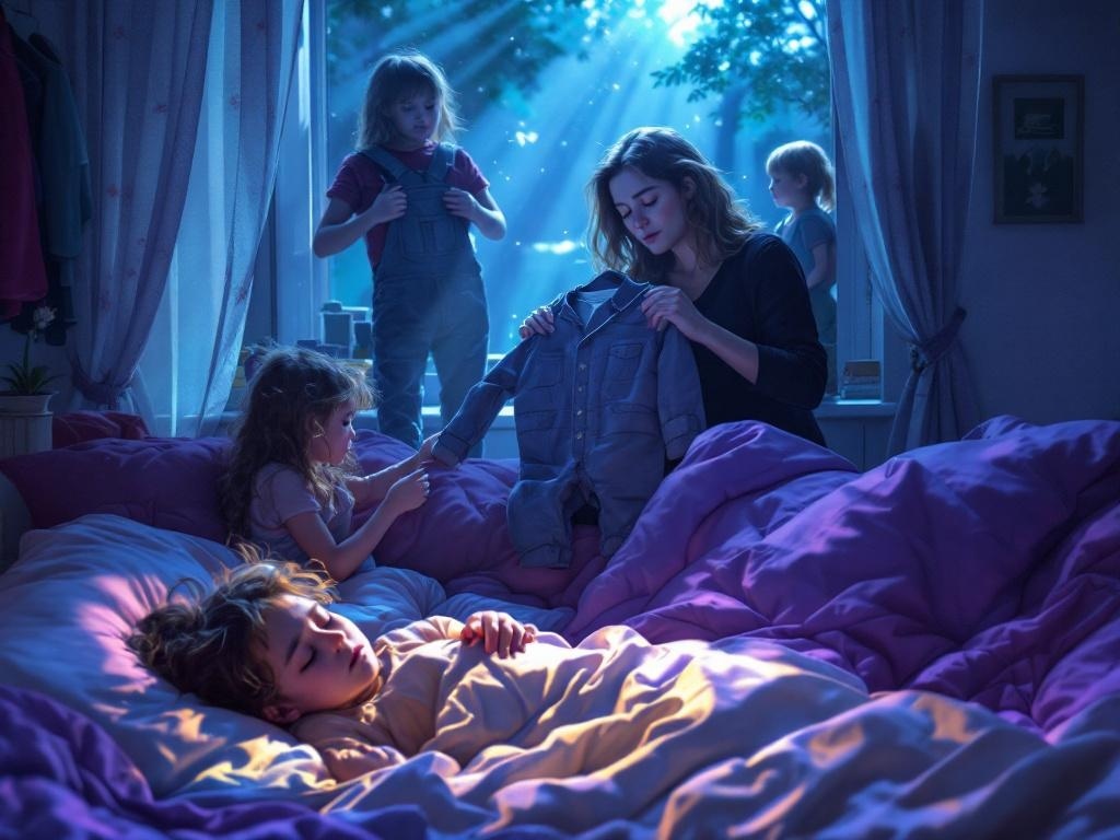    К чему такое снится: На картине нарисована комната с лучами света, падающими через окно. Мама с печальным лицом перебирает детские вещи. Рядом стоит девочка и держит в руках костюм и ком