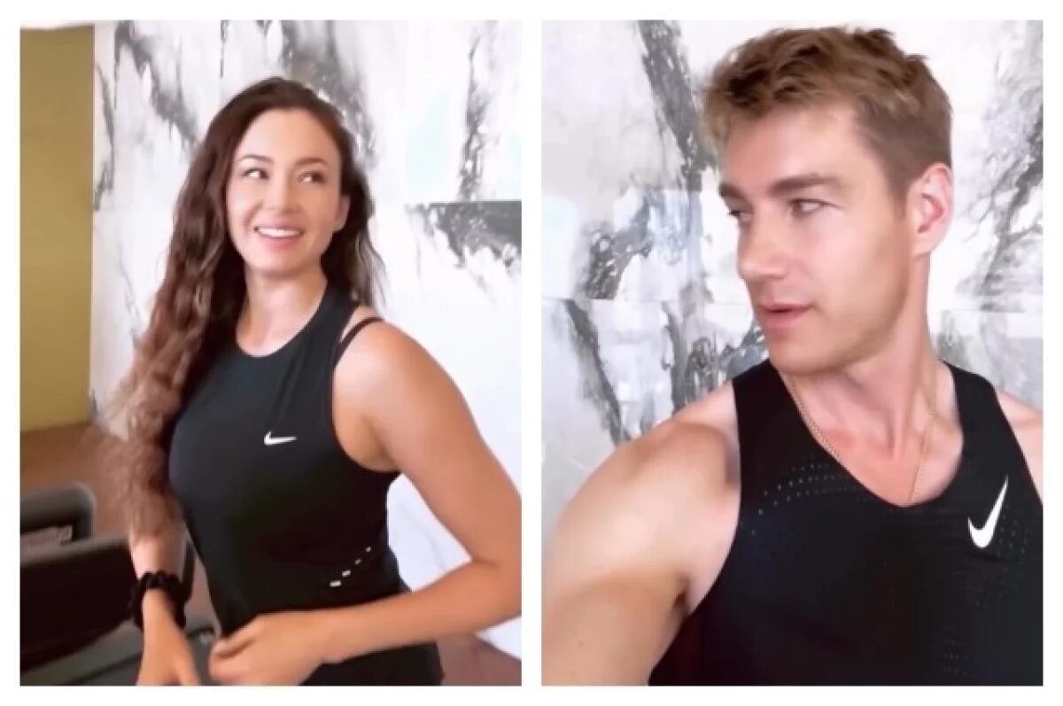    Для видео Алексей выбрал тренажерный зал, по соседней беговой дорожке шагает Аида.