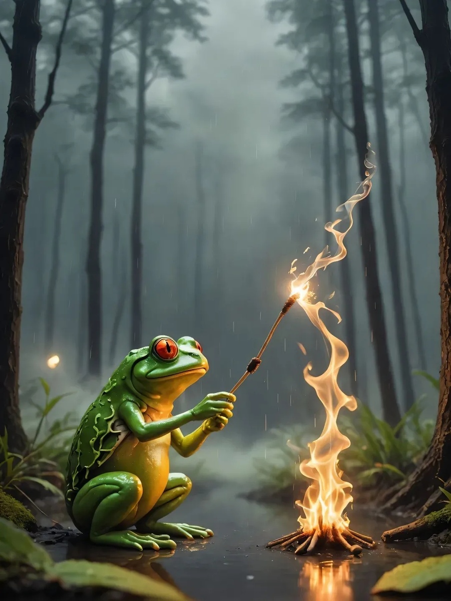 🐸 Лесной мизансцен, почти как сказка на выдохе: зеленая лягушка с алыми глазами сидит у костра, держа прут с огоньком на конце — будто охотник на мысли или ночной сторож своих грёз.