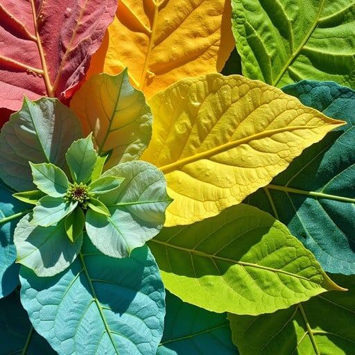 расположение разноцветных летних листьев демонстрирует замысловатые прожилки и текстуры природы в пятнистом золотистом свете.