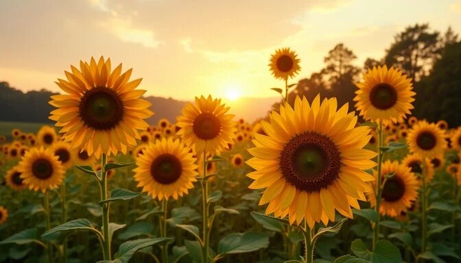 Величественные подсолнухи тянутся к заходящему солнцу, их золотистые лепестки тепло светятся на фоне дымчатого летнего неба.