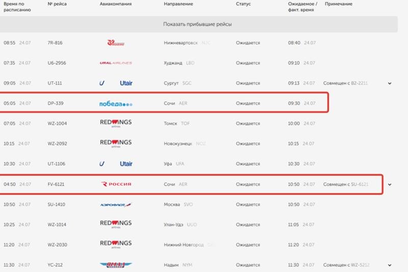    Скриншот онлайн-табло Кольцово