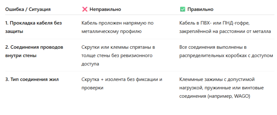 Сравнительная таблица решений при прокладке проводки