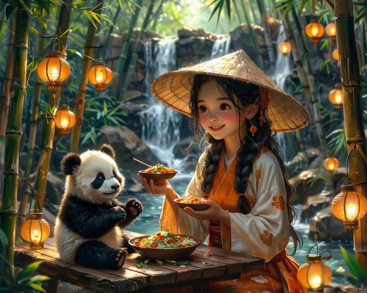 Генерация из Шедеврум @impression_mind. Девушка и панда, и вкусняшки