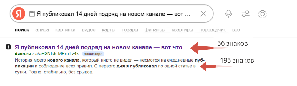 Такое количество знаков в Яндексе попадает в поисковик