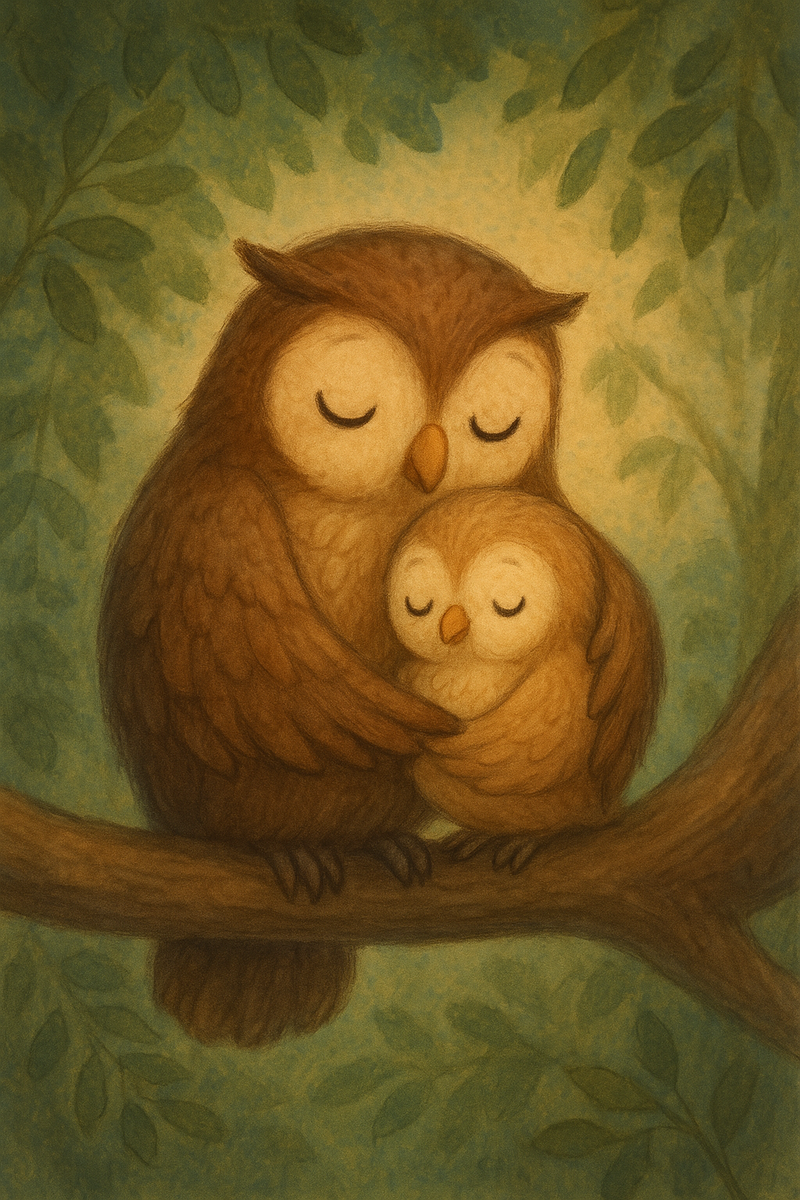 Мама-Сова и Совушка в тёплом лесу, вместе под крылом