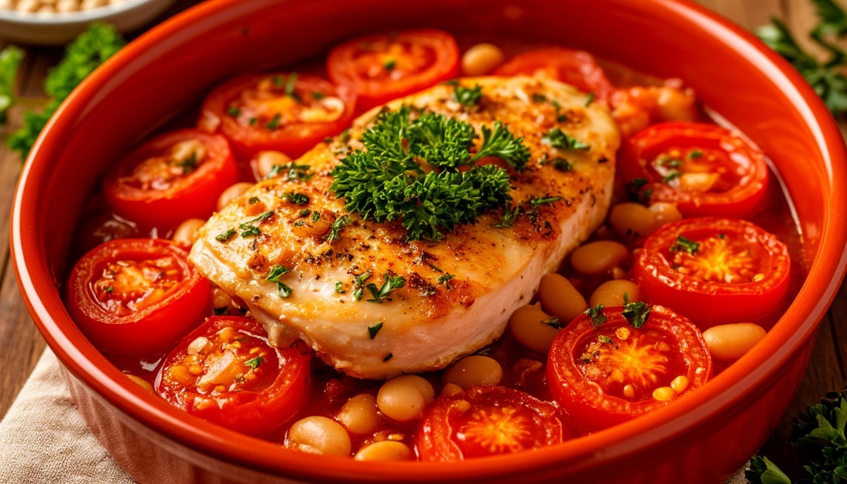 Филе курицы с помидорами и консервированной фасолью