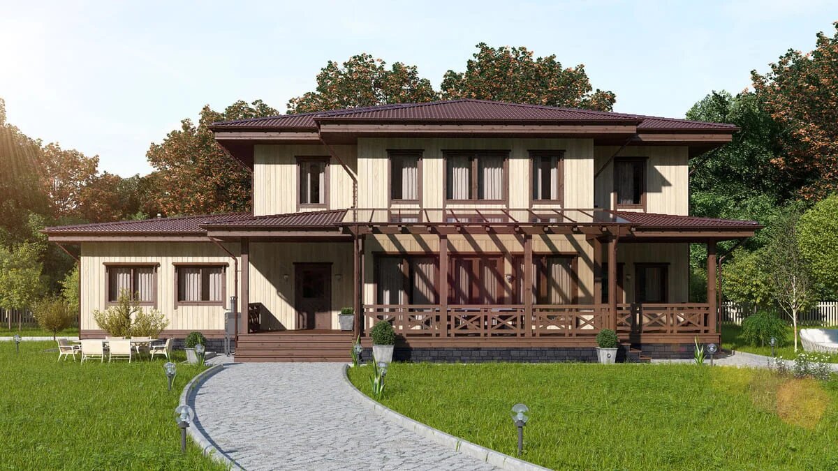 Фасад загородного дома из вертикального бруса NATURI по проекту "Каса Ривалто"